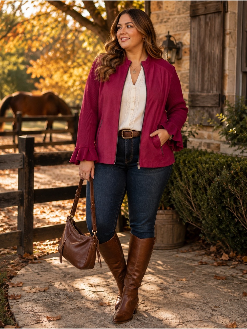 A.M.I. Genuine Leather Knit Sleeve Ruffle Jacket XL Western Raspberry Magenta